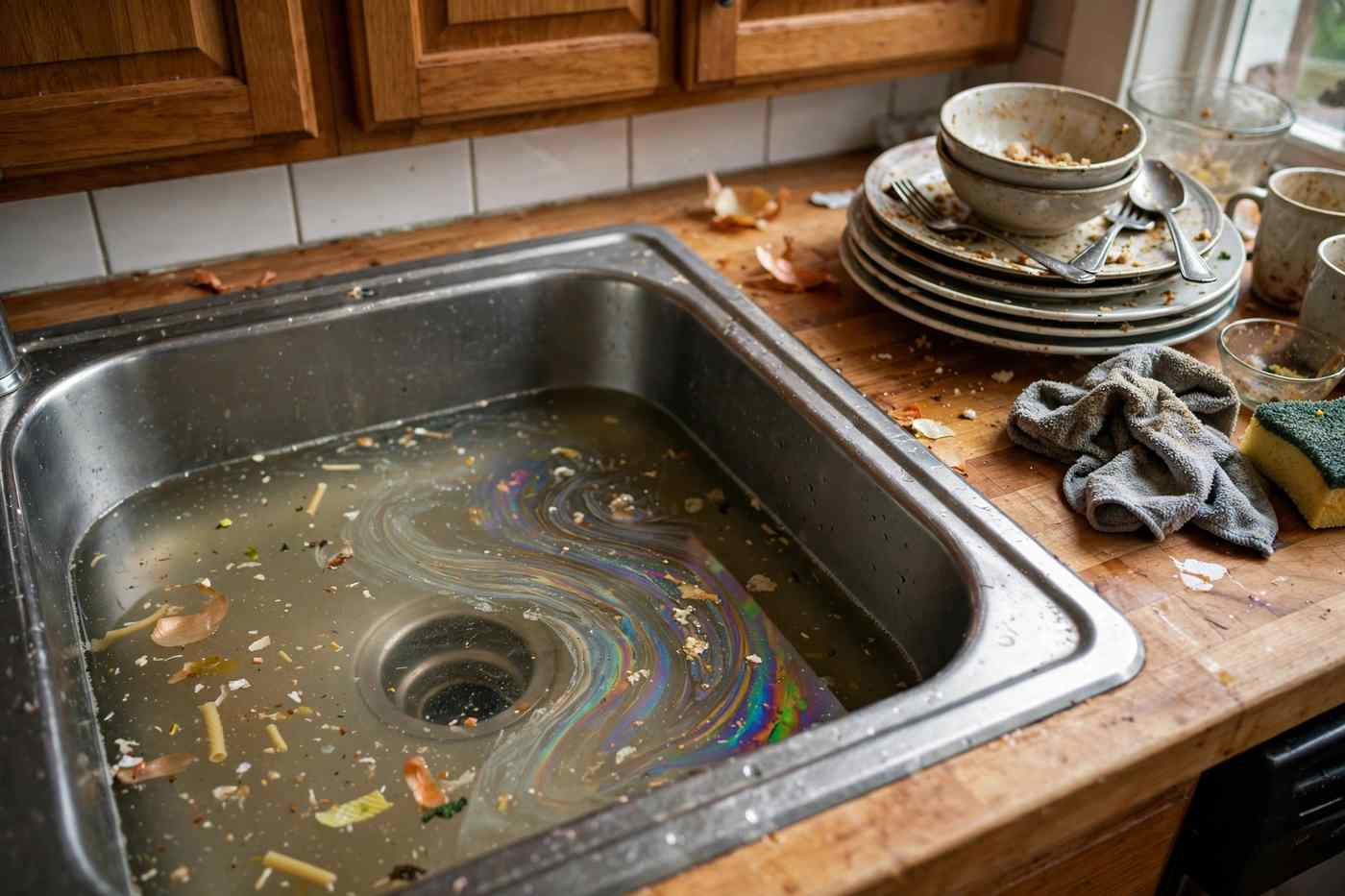Clogged kitchen sink filled with standing water