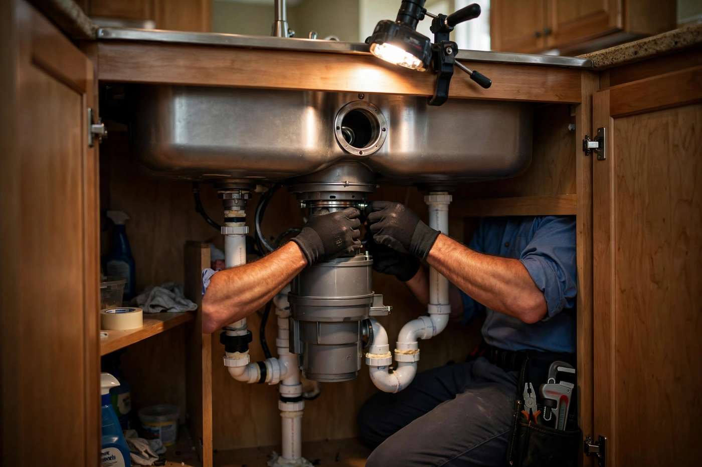 Garbage disposal repair under a kitchen sink in Fort Pierce FL