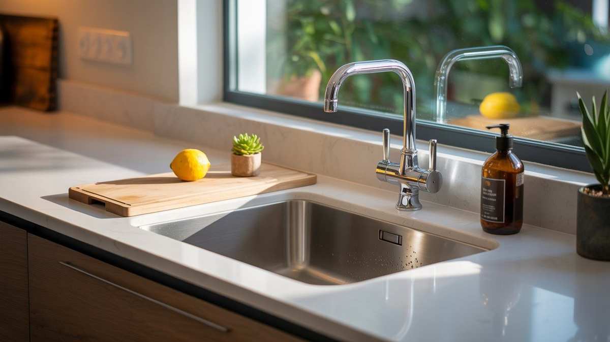 Clean modern kitchen sink after unclogging