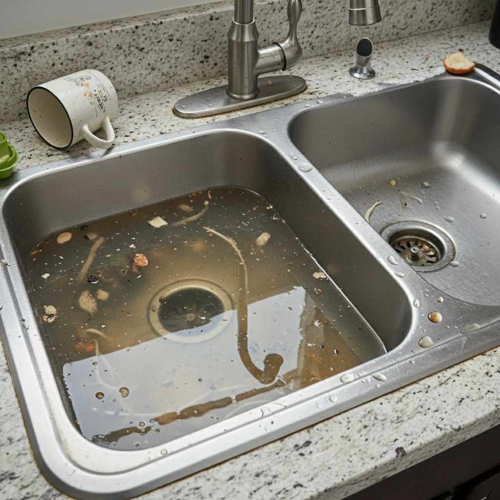 Kitchen sink backed up with dirty water from a clog
