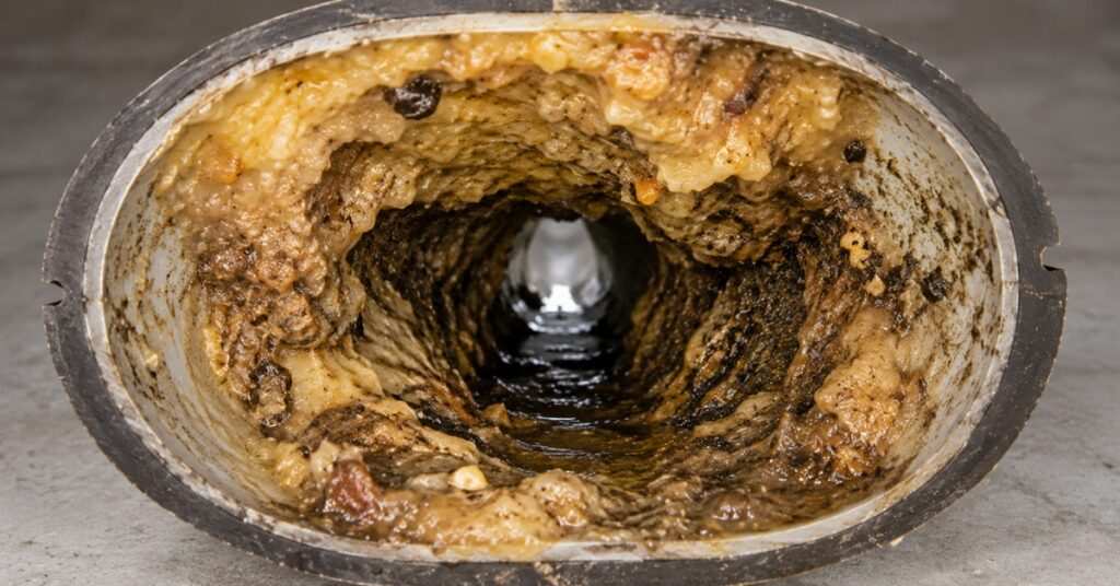 Grease buildup coating the inside of a drain pipe