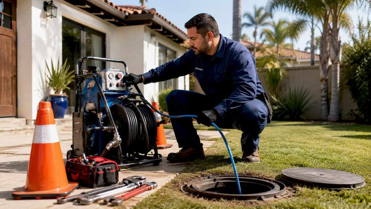 Hydro jetting equipment cleaning a drain line