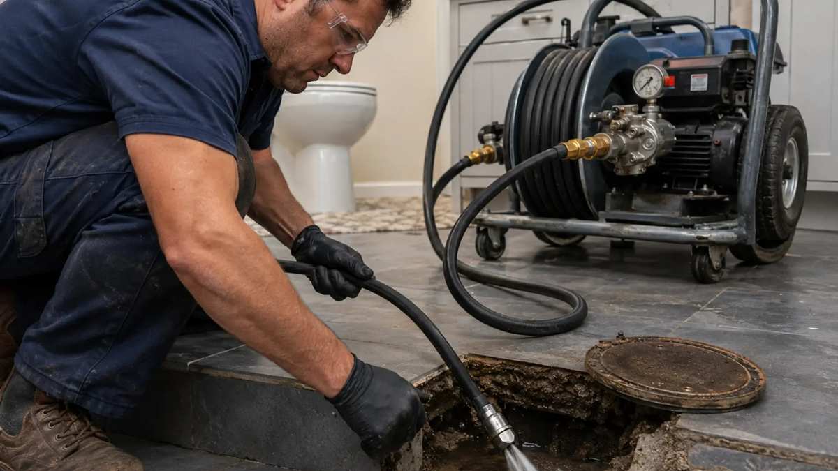 High-pressure water jetting a clogged drain
