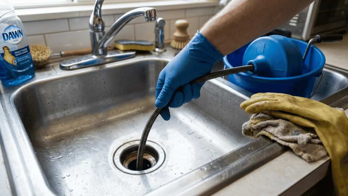 Drain snake cable clearing a kitchen drain
