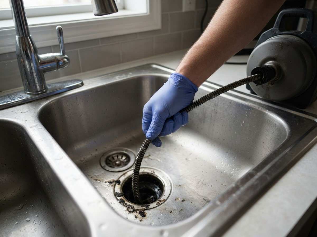 Drain auger working through a clogged kitchen line