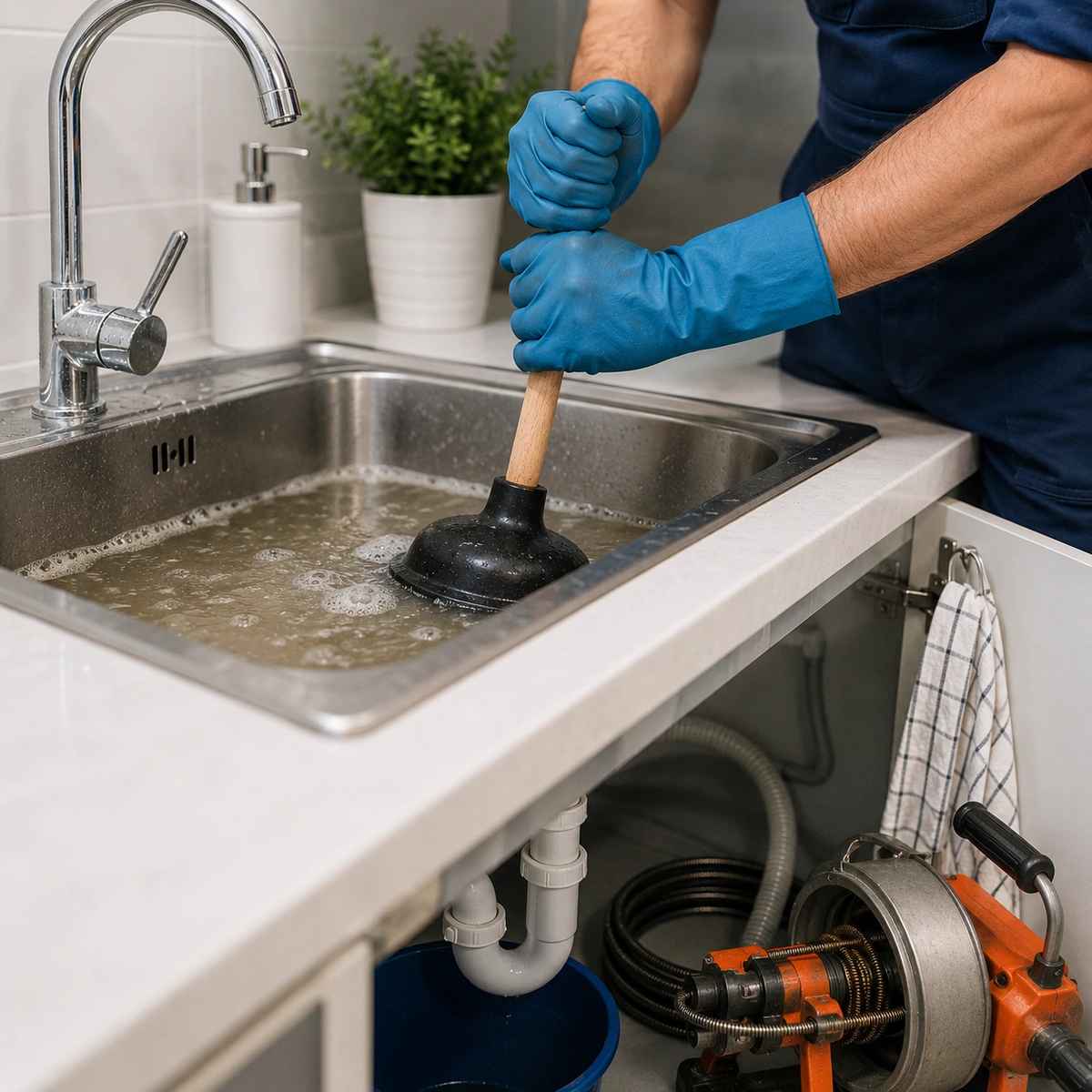 Plumber clearing a clogged kitchen sink drain